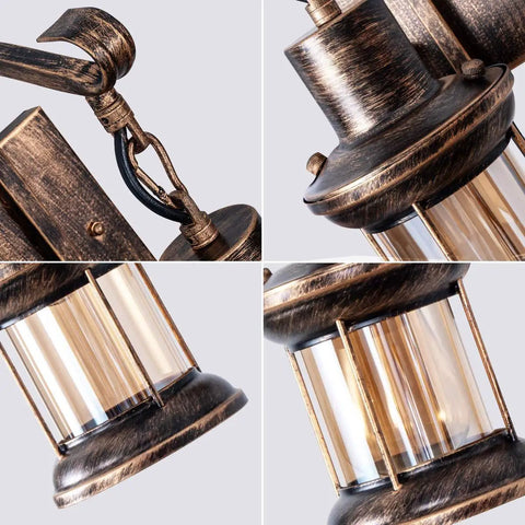 Close-up of 2 In 1 Black Rustic Wall Light With Industrial Glass Shade Lantern Metal Wall Sconce detailing bronze and glass.