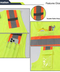 Close-up of Kickin Hard On The Job With This Blaze Bright Hi Vis Safety Vest Packing 360 Degree Reflective Strips, featuring pockets and straps.