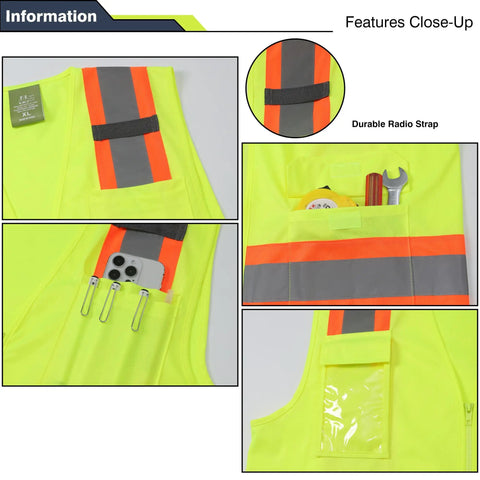 Close-up of Kickin Hard On The Job With This Blaze Bright Hi Vis Safety Vest Packing 360 Degree Reflective Strips, featuring pockets and straps.