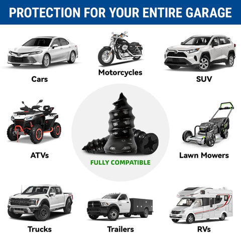 Image displaying compatibility of 72 Piece Tire Repair Kit with cars, motorcycles, SUVs, ATVs, lawn mowers, trucks, trailers, RVs.
