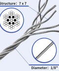 Close-up 1/8 Inch T316 Stainless Aircraft Cable 300 Feet For Railing Decking And Outdoor Projects Uncoated Marine Grade 1800 Lbs Breaking Strength Durable 7x7 Braided Cable showing structure diagram