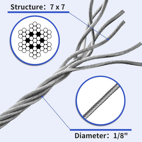 Close-up 1/8 Inch T316 Stainless Aircraft Cable 300 Feet For Railing Decking And Outdoor Projects Uncoated Marine Grade 1800 Lbs Breaking Strength Durable 7x7 Braided Cable showing structure diagram