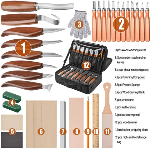 All In One Wood Carving Kit For Beginners 35 Piece Set With Whittling Knives Carving Chisels Basswood Blocks Sandpaper Polishing Compound