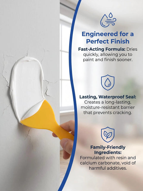 Hand using Fast Dry Wall Patch Kit With Scraper For Holes And Cracks White Wall Repair Paste Waterproof Heavy Duty Mending Paste on wall