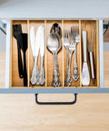Open drawer with Two Pack K Cup Drawer Organizer Tray Made From Natural Bamboo With Adjustable Dividers To Separate Coffee Pods Tea Bags And Silverware Perfect Coffee Station Organizer For Kitchen Or Home Office Keeps Drawers Neat And Accessible