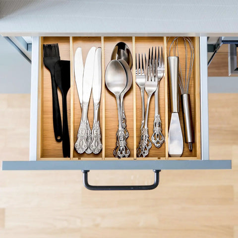 Open drawer with Two Pack K Cup Drawer Organizer Tray Made From Natural Bamboo With Adjustable Dividers To Separate Coffee Pods Tea Bags And Silverware Perfect Coffee Station Organizer For Kitchen Or Home Office Keeps Drawers Neat And Accessible