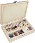 Open wood case with 100 Piece Rotary Tool Accessory Kit for cutting, sanding, grinding, and polishing bits