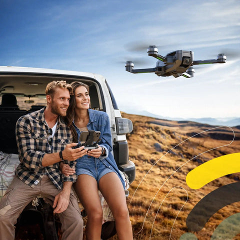 Couple piloting Dope 4K Camera Drone For Adults With FAA Compliant Remote ID Module near van in open landscape