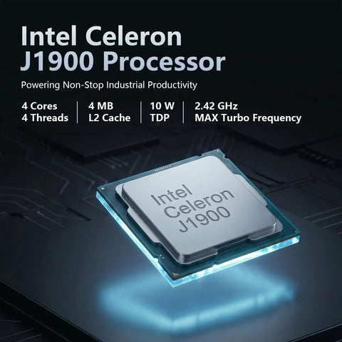 Intel Celeron J1900 Firewall Mini PC With Four Network Ports And Extra GB Connectivity For Straight Up Bulletproof Home Routing Plus 4GB RAM 64GB SSD Storage For Smooth VPN Setup, showing the processor on a dark background.