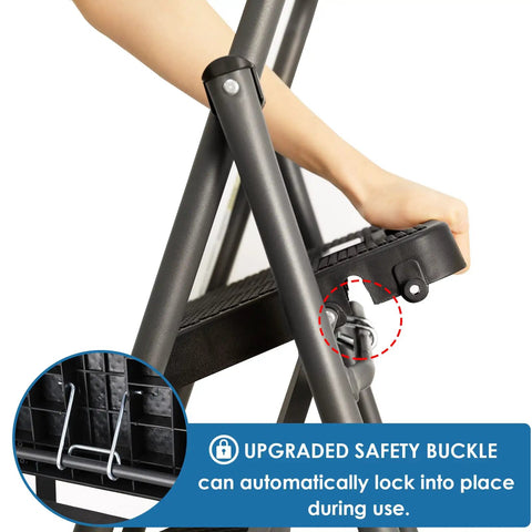 Close-up of safety buckle on Two Step Folding Ladder With Wide Anti Slip Pedals And Comfort Handle Lightweight Steel Heavy Duty 500 Pound Capacity Portable Multi Use Stool For Home Kitchen Office Garage Easy Open And Fold