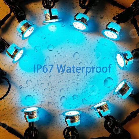 Lit LED Deck Lights Kit 10 Pack RGBW Recessed Low Voltage IP67 Waterproof showing blue light under water drops