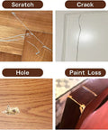 Image showing various damage types: scratch on hardwood, crack in paint, hole in wood, and paint loss on furniture.