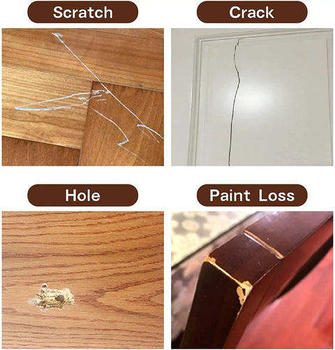 Image showing various damage types: scratch on hardwood, crack in paint, hole in wood, and paint loss on furniture.