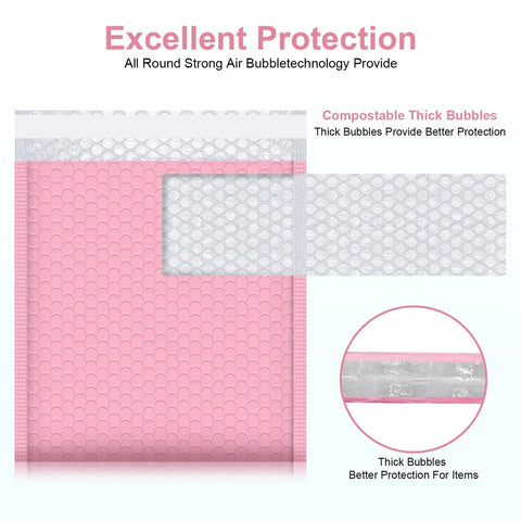 Close-up of 8x10 Light Pink Bubble Mailers Padded Envelopes Self Sealing Shipping Bags 25 Pack highlighting bubble padding protection.