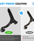 Two front lower control arms with ball joints shown side by side; black new arm vs rusted worn arm.