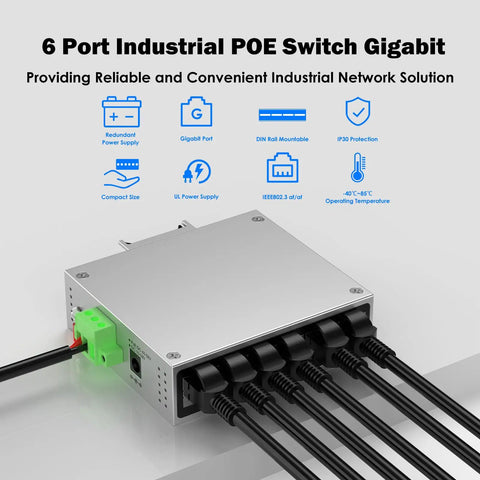 Rugged Industrial 4 Port Full Gigabit PoE Switch With 60W UL Power Supply 2 Gigabit Uplink Ports DIN Rail Mount 6 Port PoE Switch