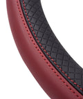 Rhombus Microfiber Leather Steering Wheel Cover Universal Fit For Car Suv Truck Van With Padded Sides And Slick Grip In Black And Burgundy close-up view showing padded sides and stitching detail.