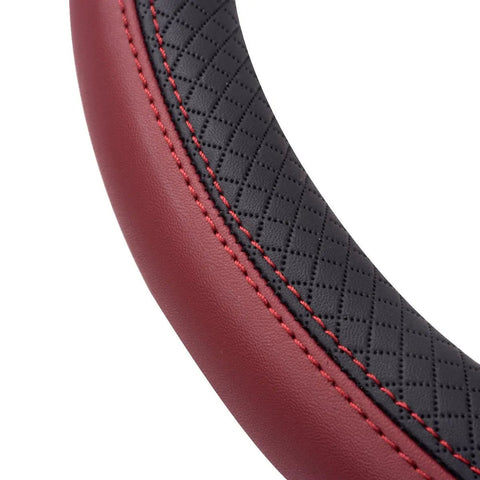 Rhombus Microfiber Leather Steering Wheel Cover Universal Fit For Car Suv Truck Van With Padded Sides And Slick Grip In Black And Burgundy close-up view showing padded sides and stitching detail.