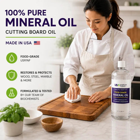 Woman using 32oz Food Grade Mineral Oil For Cutting Boards And Wood Surfaces No Fuss Restores Protects And Seals Butcher Blocks Countertops And Steel Surfaces Keeps Wood Smooth Safe And Rust Free USP Verified bottle on wooden board in kitchen