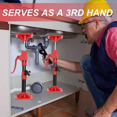Cabinet jacks side view: two red adjustable jacks with black posts under a cabinet for upper cabinet installation.