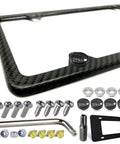 Carbon Fiber License Plate Frame Real Carbon Fiber Cloth Wrapped Holder Slim Black Stainless Steel Car Tag Cover With Screws Caps Rattle Proof Pad Four Hole Design One Pack, showing frame and included accessories.