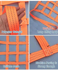 Heavy Duty Cargo Lifting Net With Strong Elastic Nylon Straps To Lock Down Your Gear And Haul Massive Equipment Anywhere Without Breaking A Sweat Daily, featuring orange polyester straps and uniform mesh.