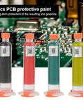 Four tubes of PCB protective paint with circuit board background