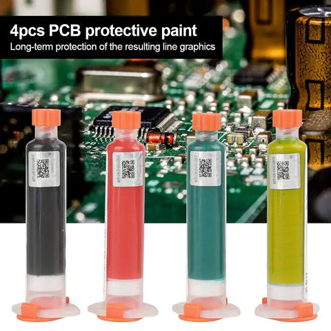 Four tubes of PCB protective paint with circuit board background