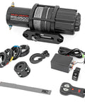 Rough Country 4500 Lb ProSeries Winch For Utv And Atv With Fifty Ft Synthetic Rope, remote, and wiring for outdoor recovery.