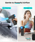 Image showing Electric Portable Air Duster With Brushless Motor 200000 RPM Peak 58 Meters Per Second Wind used for car cleaning and as a portable fan.