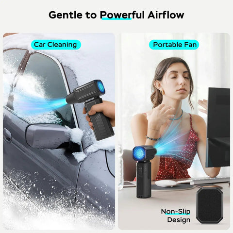 Image showing Electric Portable Air Duster With Brushless Motor 200000 RPM Peak 58 Meters Per Second Wind used for car cleaning and as a portable fan.