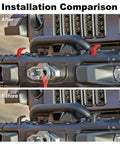 Installation comparison of Red Tow Hook Cover Set For Jeep Wrangler JK JL Gladiator JT 2007 To 2026 Protect Receiver Sleeve