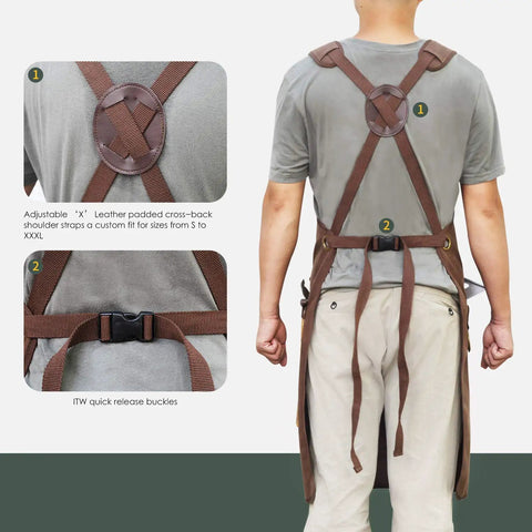 Back view of a person wearing Woodworking Apron With 9 Tool Pockets And Magnetic Chest Holders, showing soft shoulder straps.