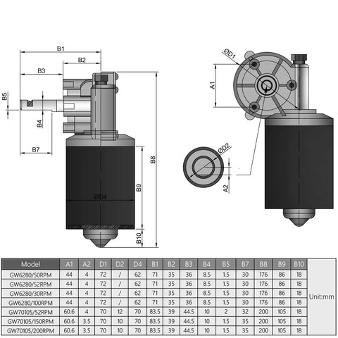 Technical diagram of DC 24V 100RPM Reversible Worm Gear Motor High Torque Electric Gearbox With Right Shaft GW6280.