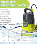 Heavy Duty Submersible Sump Pump Built Tough As Nails Features A 1.1Hp Motor That Slings 5000Gph with product specifications.