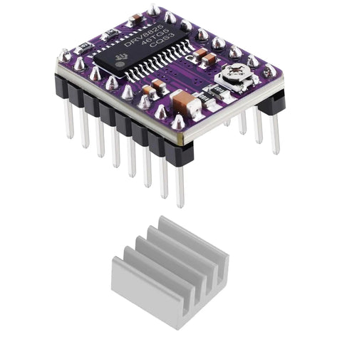 Dope Microstepping Stepper Motor Driver Module For Arduino ESP32 ESP8266 And Raspberry Pi High Precision Controller For CNC 3D Printing And Robotics Two Pack Bundle For Easy Multi Axis Projects featuring a DRV8825 chip with pins and heatsink.