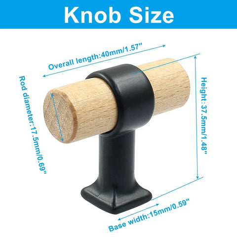 4 Pack Wood Cabinet T Knobs With Screws For Drawers And Cupboards, 40mm Diameter T Bar Drawer Knob, size dimensions shown