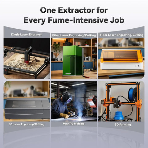 Industrial Grade Laser Fume Extractor With Exhaust Hose For Laser Engraver And Cutter Under 60W in workshop with laser tools.