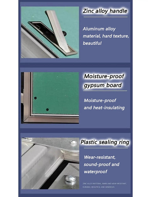 Zinc alloy handle and moisture-proof gypsum board of No Fuss Flush Mount Fire Rated Hidden Access Door Kit for seamless wall concealment.