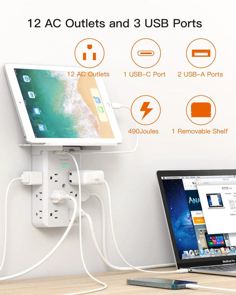 All In One 12 Outlet Wall Extender With Shelf And Surge Protector 12 AC Outlets And 3 USB Ports Includes 1 USB C Space Saving Hub