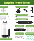 Rechargeable 2.11 Gallon Garden Sprayer With USB Powered Handle parts overview including wand, nozzles, and charger.