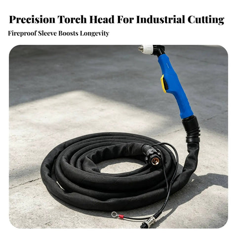 Workhorse Metal Cutting Torch Assembly With Thick Fireproof Leather Sleeve And Eight Meter Copper Cord Featuring Zero Leak Connectors And Drop Dead Easy Setup For Real Shop Fabrication Jobs, precision torch head with fireproof sleeve.
