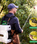 Person using 3 Gallon Backpack Sprayer Battery Powered With 18V Compatibility Translucent Tank Seven Nozzles And Adjustable Pressure