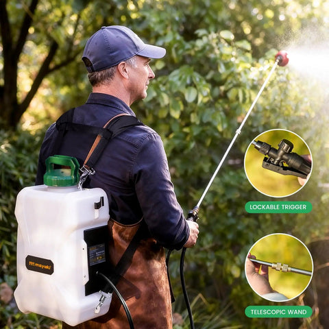 Person using 3 Gallon Backpack Sprayer Battery Powered With 18V Compatibility Translucent Tank Seven Nozzles And Adjustable Pressure