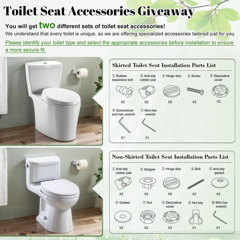 Elongated Toilet Seat for Bathroom Decor with installation parts for skirted and non-skirted toilets, shown in a bathroom setting.