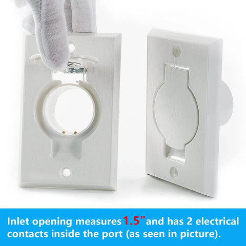 Two white central vacuum inlet valve cover plates; front shows round port with spring, back shows closed round door.