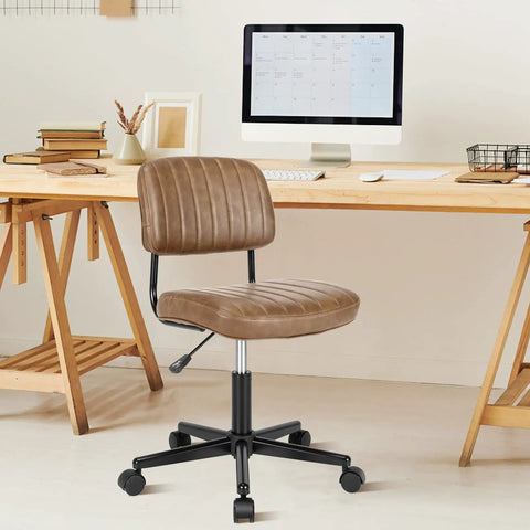 Slick Armless Desk Chair With Easy Glide Wheels, Top Tier PU Leather Task Seat Featuring Low Back Cushioning And Hella Smooth Height Adjustment For Rock Solid Rolling Home Office Setup For Teens And Adults