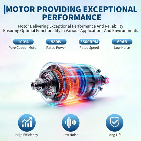 Motor of 12 Inch High Velocity Air Mover Blower With 3500 CFM Beast Mode Airflow, showing 580W copper motor specs with low noise features.