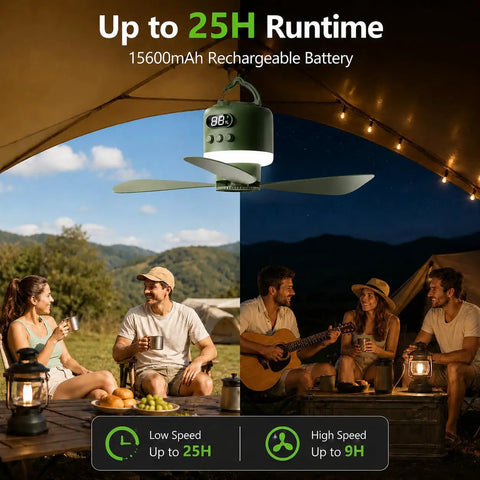 Heavy Duty 18 Inch Rechargeable Ceiling Fan With Bright Led Light And Huge 15600 mAh Battery for outdoor camping in gazebo.
