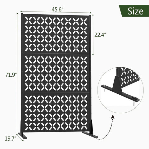72 Inch Metal Outdoor Privacy Screen Panel Freestanding Decorative Fence for Patio Garden and Yard Trash Can Screen X Black Weather Resistant Powder Coated Durable Steel Construction Keeps Your Space Private and Organized with size details.